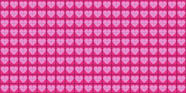 Şebeke karelerinin içinde açık pembe kalpler olan kusursuz pembe milimetre grafikli kağıt deseni. Plancılar ya da tasarımcılar için arka plan. Düzenlenebilir vektör illüstrasyonu.