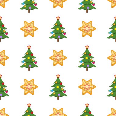 Noel aralıksız desenli, süslenmiş köknar ağaçları ve beyaz üzerine zencefilli kurabiye. Tekstil ve ambalaj için şenlikli tekrarlama baskısı