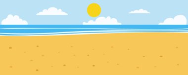 Okyanus dalgaları, kumlar ve mavi gökyüzünde güneş olan yaz sahnesi. Tropik deniz manzarası. Tatil afişi arka planı. Düzenlenebilir vektör illüstrasyonu.