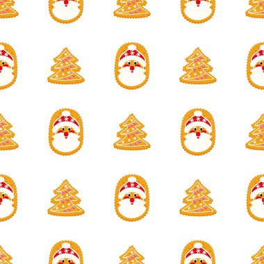 Noel Baba şeklinde zencefilli kurabiyeler ve beyaz arka planda süslenmiş çam ağaçları içeren kusursuz bir Noel deseni. Şenlikli yeni yıl kış tasarımı. Düzenlenebilir vektör illüstrasyonu.
