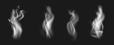 Gerçekçi beyaz duman sütunları ve karanlık arka planda yükselen buhar. İzole edilmiş buhar, sis ya da sigara dumanı seti. Düzenlenebilir vektör illüstrasyonu.