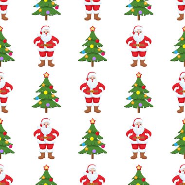 Noel Baba figürleri ve beyaz üzerine süslenmiş köknar ağaçlarıyla kusursuz bir Noel deseni. Şenlikli, yeni yıl dekoratif tekstil için tekrar baskısı, ambalaj. Düzenlenebilir vektör illüstrasyonu.