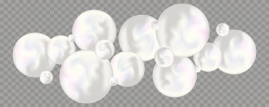 Yanardöner beyaz küreler ve inciler, şeffaf bir arkaplanda yüzen sabun köpükleri. Kozmetik, moda veya düğün tasarımı için lüks sıvı 3D kabarcıklar. Düzenlenebilir vektör illüstrasyonu