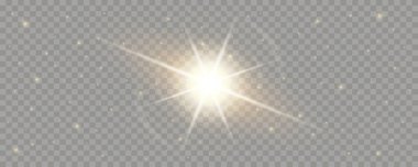 Parlak güneş parlaması, parlak ışınlar, ışıldayan parçacıklar ve şeffaf arkaplanda parıldayan ışıltılarla altın güneş patlaması etkisi. Kaplama ve röfle için. Düzenlenebilir vektör illüstrasyonu.