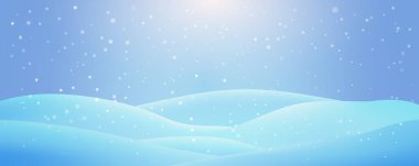 Kar yağışı manzarası, karlı tepeler ve yumuşak mavi eğimli gökyüzü. Tatil sezonu tasarımı için geniş panoramik arka plan. Düzenlenebilir vektör illüstrasyonu.