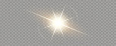 Parlak güneş ışınları ve şeffaf arkaplanda izole edilmiş sıcak parıltıyla parlar. Kaplama ve görsel efekt için. Düzenlenebilir vektör illüstrasyonu.
