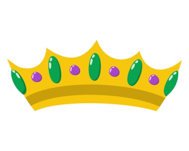 Mardi Gras karnaval tacı. Mor, yeşil ve altın renkli değerli taşlar. Beyaz arkaplanda izole edilmiş Kraliyet altın taç vektör illüstrasyonu
