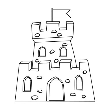 Çocuklar için kum kalesi boyama sayfası taslağı. Beyaz zemin üzerinde bayrak bulunan siyah ve beyaz kumdan kale kulesi. Çocuk aktivitesi. Vektör illüstrasyonu