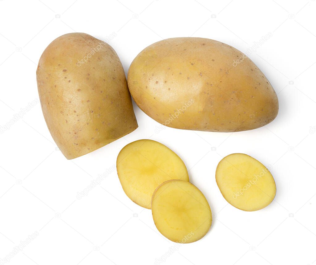 Isolated potato. Whole potato and cut raw potato vegetables on white background. Harvest new. Flat lay, top view with clipping path.