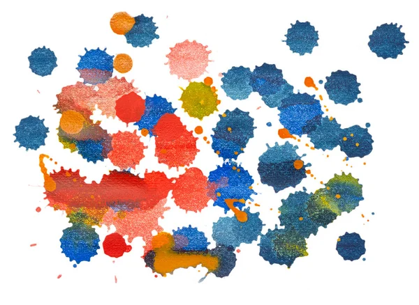 Çok renkli damlalar. Suluboya el, beyaz arka planda izole bir şekilde çekilmiş. Soyut soğuk renkli fırça kâğıt desenli boya. kırpma yolu.