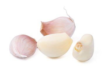 Fresh peeled garlic cloves, bulb  with garlic slices isolated on white background. clipping path.