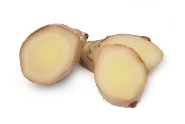 Isolated Slice ginger. Fresh ginger root rhizome on white background, herb medical cutout. clipping path.