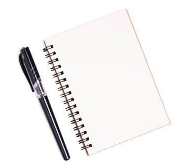 İzole edilmiş kalem ve defter. Sarmal Kraft dizüstü bilgisayarının en üst görünümü, kırpma yolu ile modelleme için arka planda bir sayfa aç.