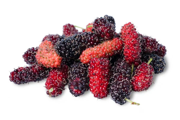 Geïsoleerde Mulberry Biologische Moerbeivruchten Met Groene Bladeren Geïsoleerd Witte Achtergrond — Stockfoto