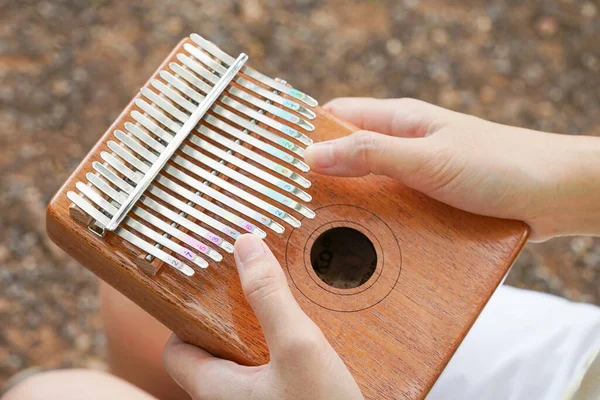 Başparmak Piyanosu Kalimba Enstrüman Çalan Bir Kadın Ellerinle Oyna Parmaklarınla Telifsiz Stok Imajlar