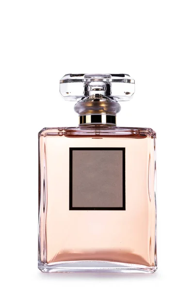 Frasco Transparente Perfume Retângulo Vidro Completo Enchimento Rosa Vista Frontal — Fotografia de Stock