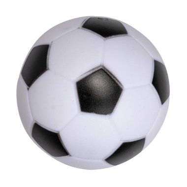 Oyuncak siyah ve beyaz futbolun en üst görüntüsü. Beyaz bir arkaplanda izole edilmiş.