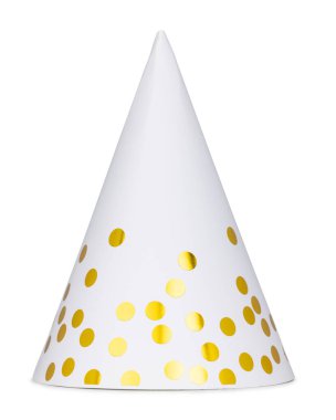 Parlak altın puantiyelerle süslenmiş beyaz konik parti şapkası kutlamayı sembolize ediyor. Yan görüş. Kesmek ve fotoğraf malzemesi olarak kullanmak için ideal. Beyaz bir arkaplanda izole edilmiş.