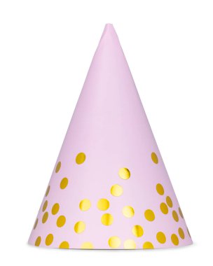 Kutlamalar için altın puantiyeli pembe parti şapkası. Yan görüş. Kesmek ve fotoğraf malzemesi olarak kullanmak için ideal. Beyaz bir arkaplanda izole edilmiş.