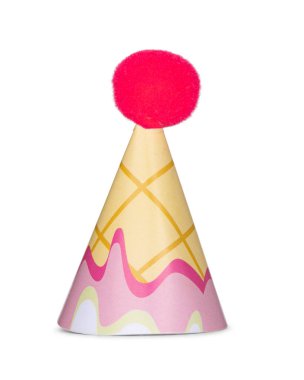 İçinde dondurma külahı deseni ve pembe ponponun olduğu renkli bir parti şapkası. Yan görüş. Kesmek ve fotoğraf malzemesi olarak kullanmak için ideal. Beyaz bir arkaplanda izole edilmiş.