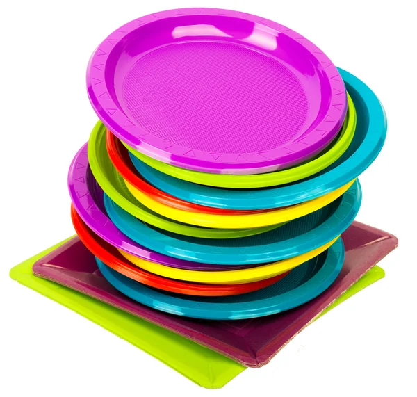 Bright plastic tableware isolated on white — Stock Photo, Image