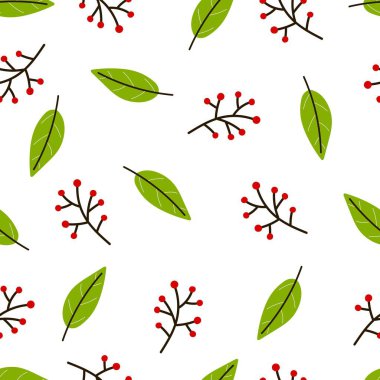 Yapraklı, dallı, pürüzsüz desen. Düz vektör tarzı. El çizimi. kumaş, tekstil, baskı, ambalaj için tasarım