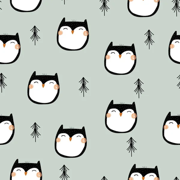 Seamless pattern with cartoon owls, decor elements on a neutral background. Flat style colorful vector illustration for kids. hand drawing. baby design for fabric, textile, print, wrapper.