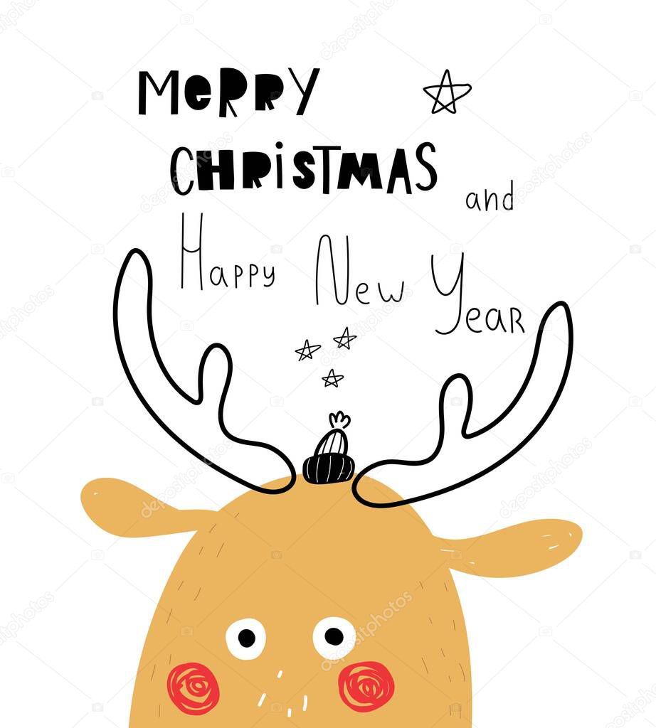 Merry Christmas and happy new year. Cartoon moose, hand drawing lettering, decor elements. holiday theme. Colorful vector illustration, flat style. design for greeting cards, print, poster