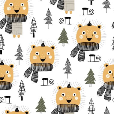 Çizgi filmlerdeki kirpiler, ağaçlar ve dekorasyon unsurlarıyla kusursuz tatil desenleri. Çocuklar için renkli bir vektör, düz stil. El çizimi. Hayvanları. Kumaş, tekstil, baskı ve ambalaj için bebek tasarımı.
