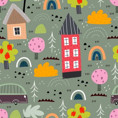 Çizgi filmlerdeki evler, ağaçlar, gökkuşakları tarafsız bir arkaplanda dekor unsurları. Çocuklar için renkli bir vektör, düz stil. Kumaş, tekstil, baskı ve ambalaj için bebek tasarımı.