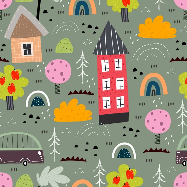 seamless pattern with cartoon houses, trees, rainbows, decor elements on a neutral background. colorful vector for kids, flat style. Baby design for fabric, textile, print, wrapper.
