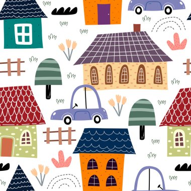 Çizgi filmlerdeki evler, ağaçlar, gökkuşakları ve dekorların kusursuz desenleri. Çocuklar için renkli bir vektör, düz stil. Kumaş, tekstil, baskı ve ambalaj için bebek tasarımı.