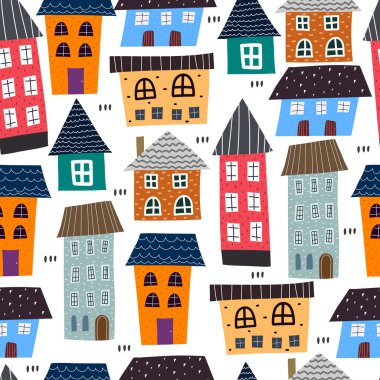 Çizgi filmlerde kusursuz desen, dekor elementleri. Çocuklar için renkli bir vektör, düz stil. Kumaş, tekstil, baskı ve ambalaj için bebek tasarımı.