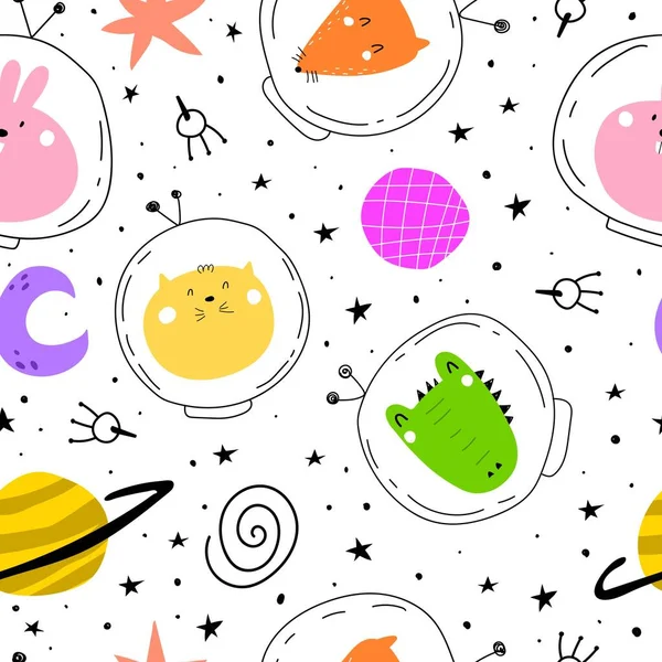 Seamless Pattern Cartoon Animals Space Planet Moon Decor Elements Colorful — Stock Vector