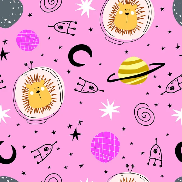 seamless pattern with cartoon lion  in space, planet, rocket, moon, decor elements a neutral background. Colorful vector for kids, flat style, hand drawing. baby design for fabric, print, nursery wallpaper, textile