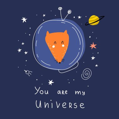 Sen benim evrenimsin. Tilki çizgi filmi, el çizimi harfleri, tarafsız arkaplanda dekor unsurları. Çocuklar için renkli vektör çizimi. Düz stil. Kartlar, posterler, tişörtler için bebek tasarımı