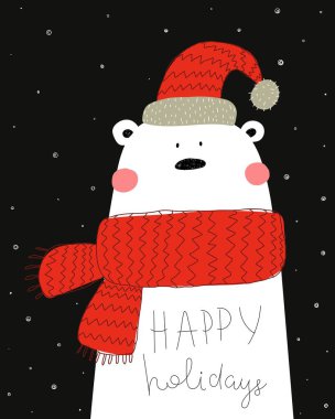 İyi tatiller. Çizgi film ayısı, el çizimi harfleri, tarafsız arkaplanda dekor unsurları. Tatil teması. Renkli vektör çizimi, düz stil. Tebrik kartları, yazdırma, poster tasarımı