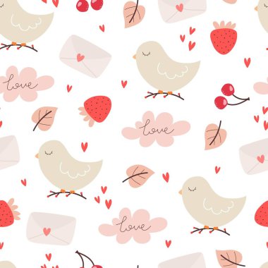 Çizgi film kuşları, böğürtlenler, dekor elementleriyle kusursuz desen. Çocuklar için renkli düz vektör tarzı. El çizimi. Sevgililer Günü. Baskı, ambalaj, kumaş için romantik tasarım.