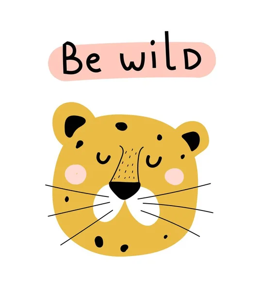 野生的 卡通豹 手绘字体 扁平的风格 彩色的向量为孩子 招贴画装饰 印刷品婴儿设计 — 图库矢量图片