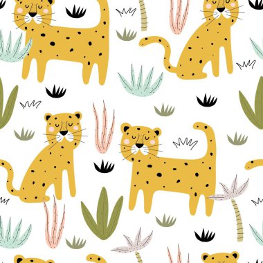 Çizgi film leoparları, bitki, dekor elementleriyle kusursuz desen. Çocuklar için renkli düz vektör tarzı. Hayvanlar. El çizimi. bebek tasarımı kumaş, baskı, ambalaj, tekstil