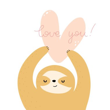 Seni seviyorum. Çizgi film tembelliği, kalp, el çizimi harfleri. Renkli vektör düz stil çizimi. Kartlar, baskılar, posterler, kapaklar için romantik tasarım