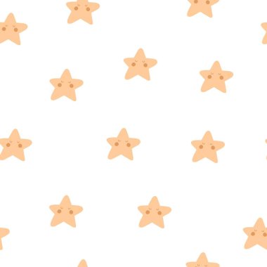Çizgi film yıldızlarıyla kusursuz desen. Düz stil, çocuklar için renkli vektör çizimi. El çizimi. kumaş, tekstil, ambalaj, baskı için bebek tasarımı.