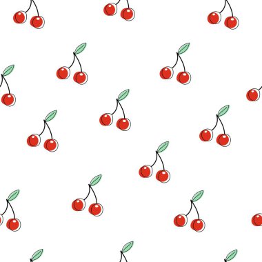 Çizgi film kirazlı kusursuz desen. Renkli vektör. El çizimi, düz stil. kumaş, baskı, tekstil, ambalaj için tasarım