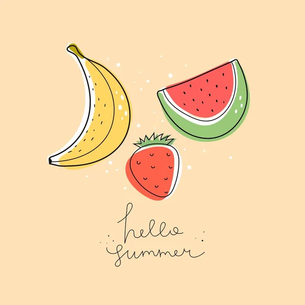 Γεια Σου Καλοκαίρι Καρτούν Μπανάνα Φράουλες Καρπούζι Χειρόγραφη Σχεδίαση Στοιχεία — Διανυσματικό Αρχείο