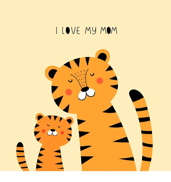 Aime Mère Tigres Bande Dessinée Lettrage Dessin Main Illustration Vectorielle — Image vectorielle