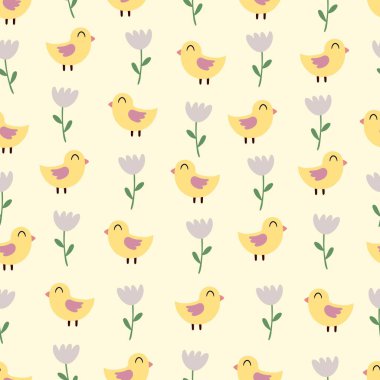 Çizgi film kuşları ve çiçeklerle kusursuz bir desen. Çocuklar için renkli bir vektör. El çizimi, düz stil. bebek tasarımı kumaş, baskı, tekstil, ambalaj
