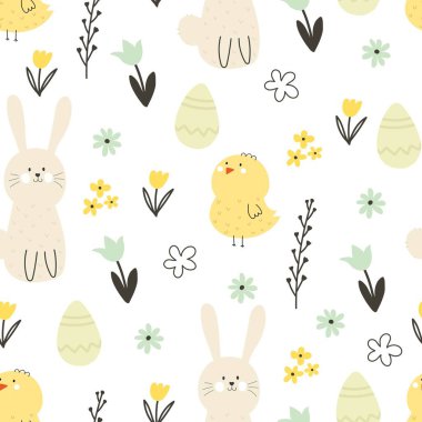 Çizgi film tavşanı, civciv, çiçek, yumurta, dekor elementleriyle kusursuz desen. Paskalya bayramı için renkli bir vektör. El çizimi. Kumaş, ambalaj, baskı için tasarım