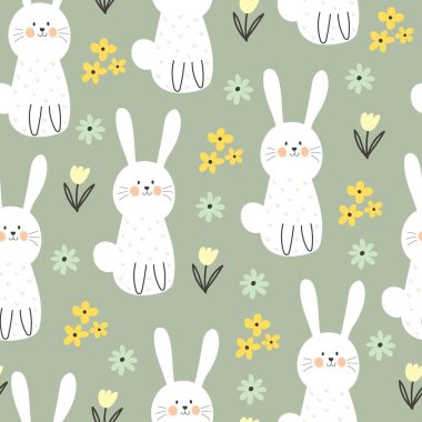 Çizgi film tavşanı, çiçek ve dekor elementleriyle kusursuz desen. Paskalya bayramı için renkli bir vektör. El çizimi. Kumaş, ambalaj, baskı için tasarım
