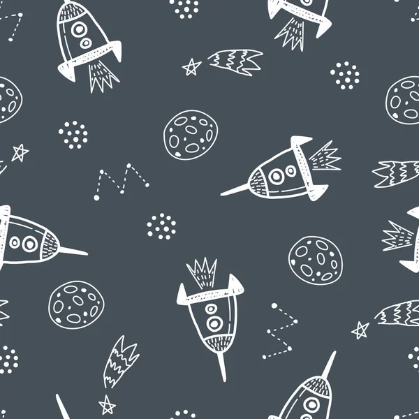 漫画の宇宙船 装飾要素とシームレスなパターン 子供のためのカラフルなベクトルフラットスタイル 宇宙だ 手描き プリント ラッパー テキスタイル用のベビーデザイン — ストックベクタ