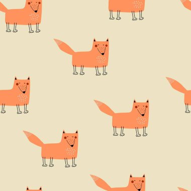 Çizgi film tilkilerinde kusursuz desen. Çocuklar için renkli bir vektör, düz stil. El çizimi. Hayvanları. Kumaş, tekstil, baskı ve ambalaj için bebek tasarımı.